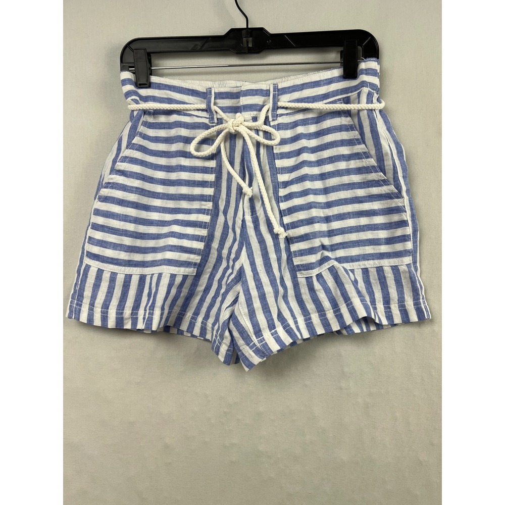 Nicole Miller Linen Shorts Women S Blue White Striped Rope Belt Nautical Beach